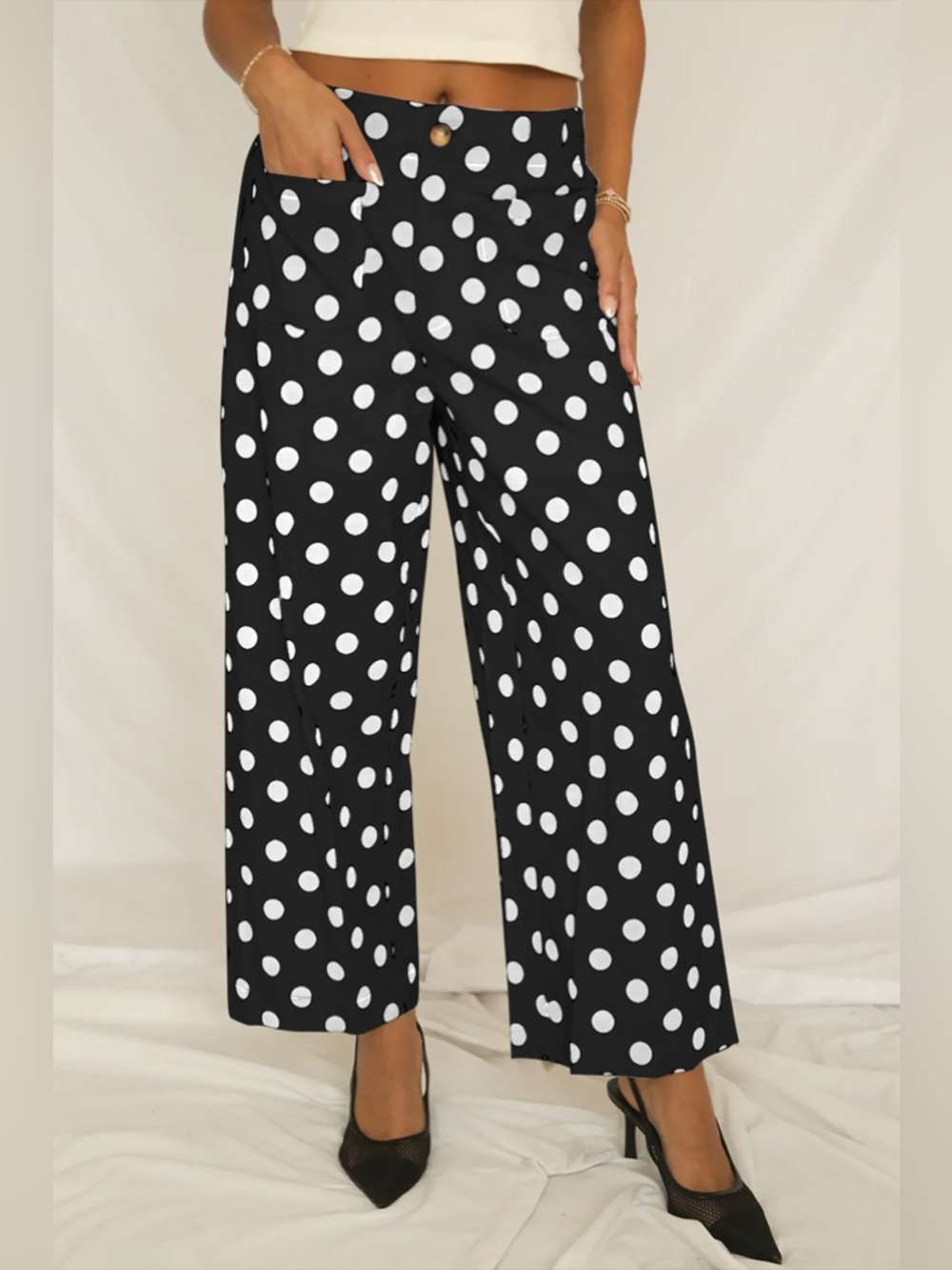 Polka Dot Print Patched Pocket Mid-rise Straight Leg Pants 10010086801